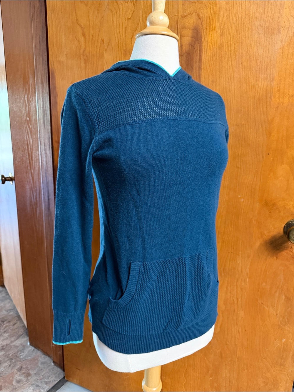 EDDIE BAUER Stripe Tunic Women's Mesh Teal Knit Hoodie Sweater S